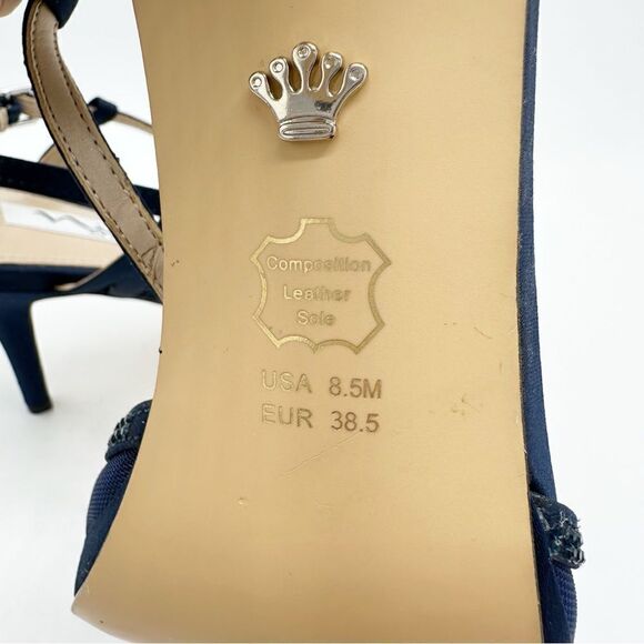 Nina Navy Blue Satin Blossom Slingback Crystal Open Toe Evening Sandal Prom 8.5 - Picture 9 of 14